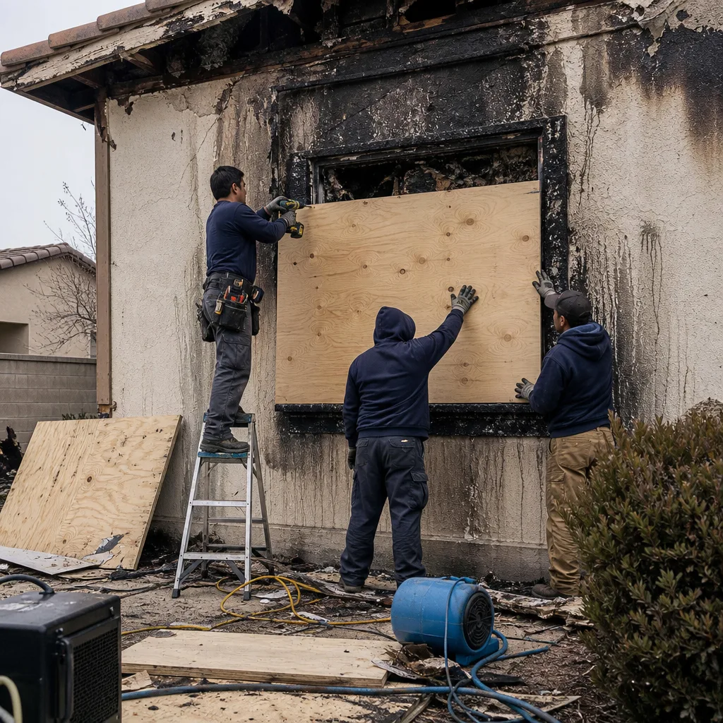 Technicians performing fire and smoke damage restoration and boarding up windows.