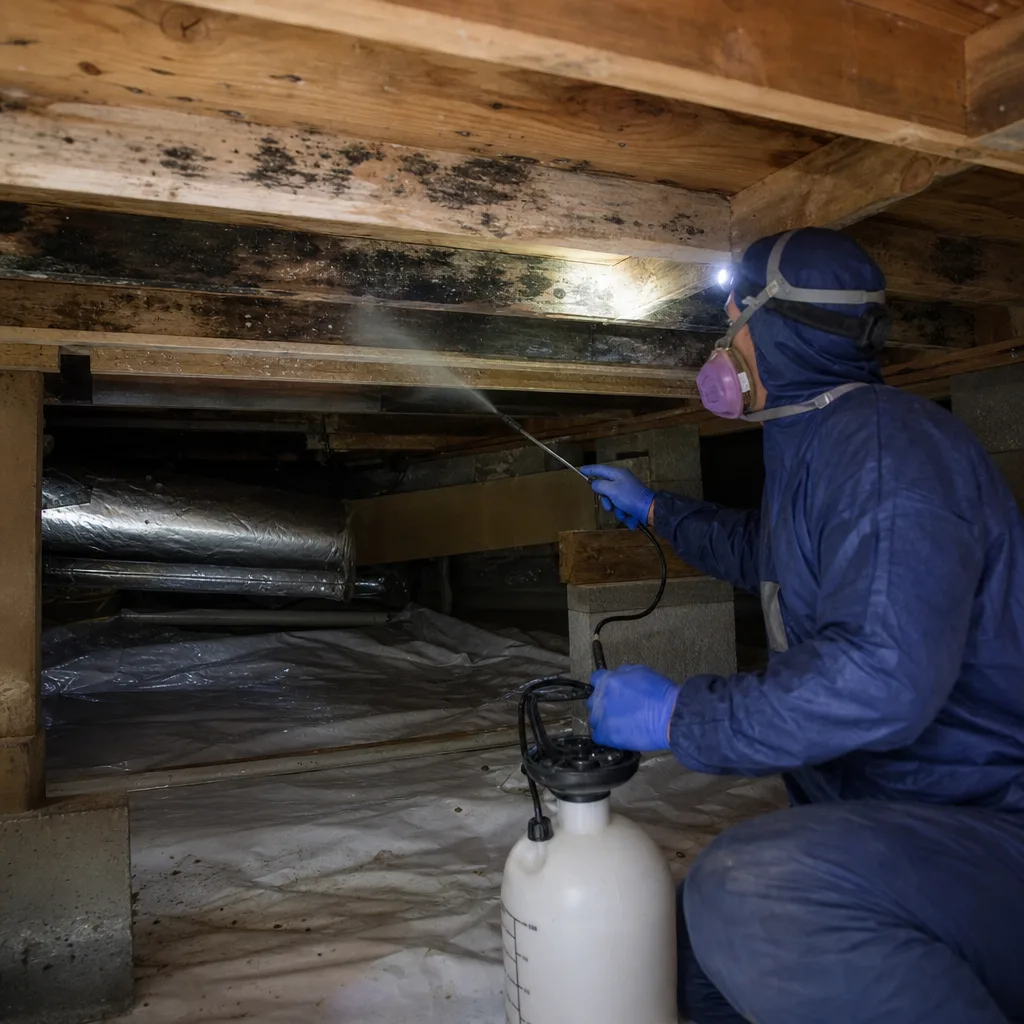 Technician in hazmat suit performing professional mold remediation in a crawlspace