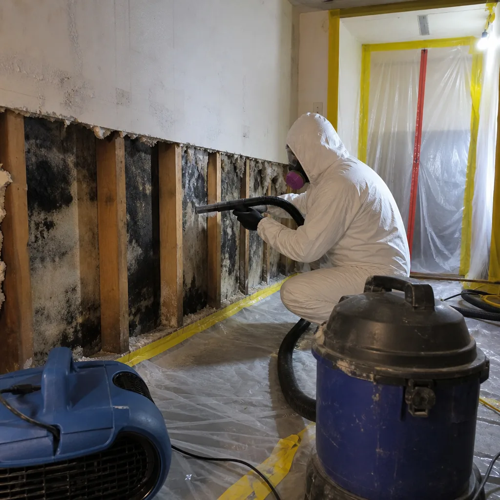Professional in hazmat suit performing mold remediation on interior wall studs