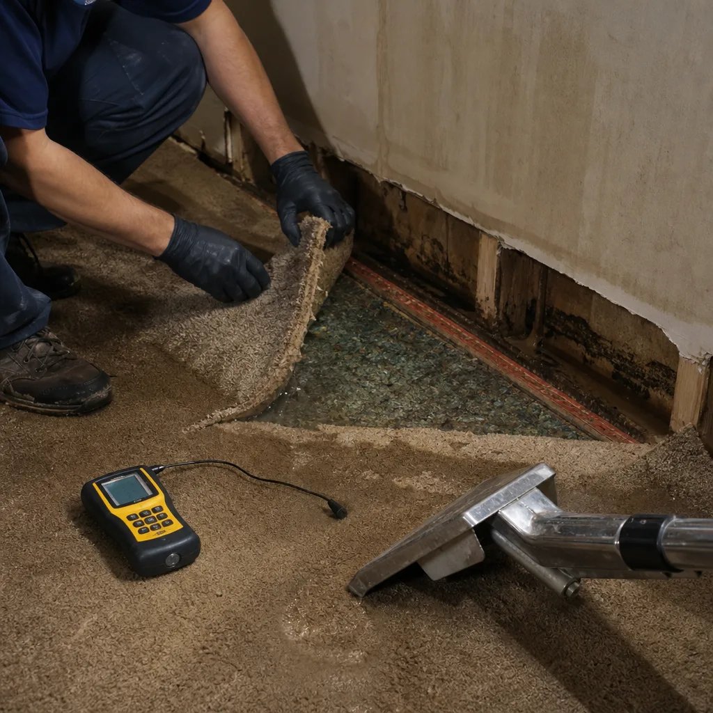 Professional performing water damage restoration on carpeted floor