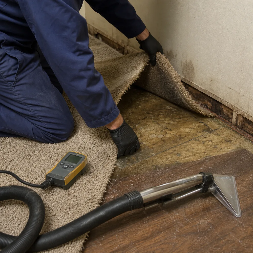 Professional performing water damage restoration inspection on carpeted floor