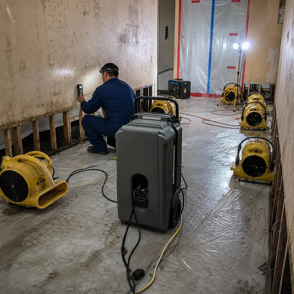 Technician using moisture meter during water damage restoration and drying process